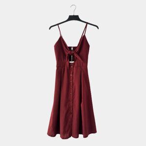 Ecowish Burgundy Button-Front Midi Dress with Front Tie – Size S (NWT)